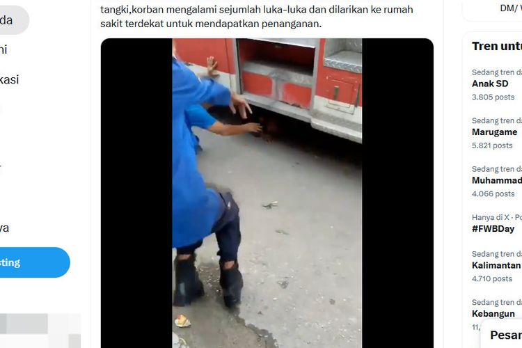 Tangkapan layar unggahan video seorang pemadam kebakaran (damkar) di Tegal, Jawa Tengah tertabrak hingga masuk kolong mobil damkar.