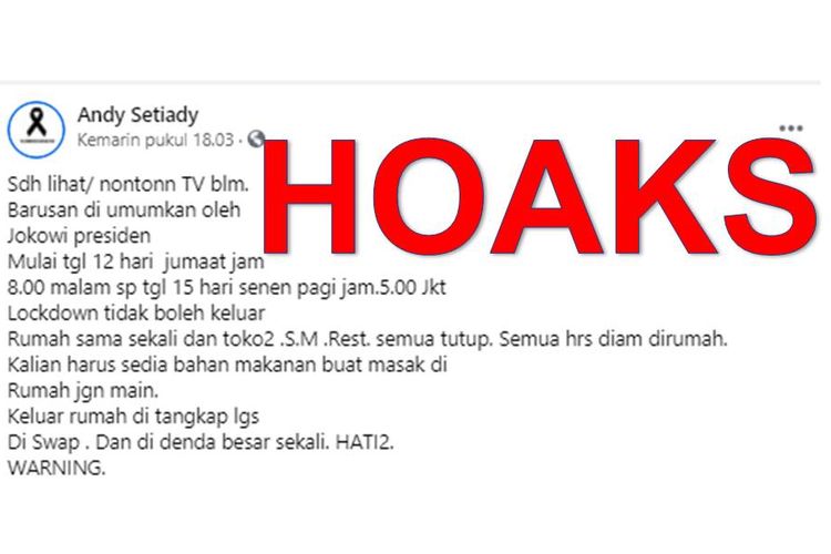 Tangkapan layar unggahan yang menyebut DKI Jakarta akan lockdown pada akhir pekan depan depan mulai Jumat (12/2/2021) malam hingga Senin (15/2/2021) pagi.