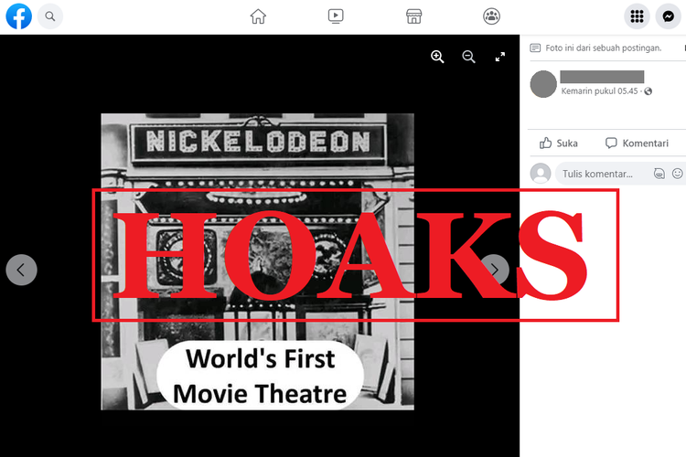 Tangkapan layar unggahan dengan narasi hoaks di sebuah akun Facebook, Senin (19/9/2022), soal foto menampilkan bioskop yang diklaim sebagai bioskop pertama di dunia.