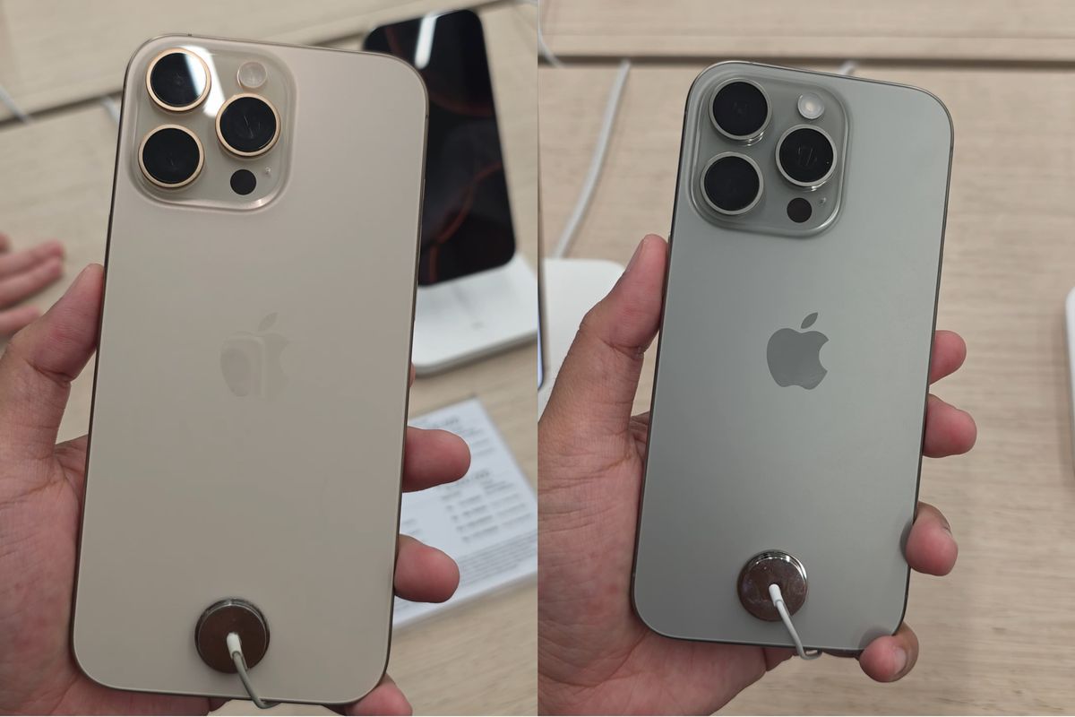 iPhone 16 Pro series varian warna Desert Titanium (kiri) dan Natural Titanium (kanan).