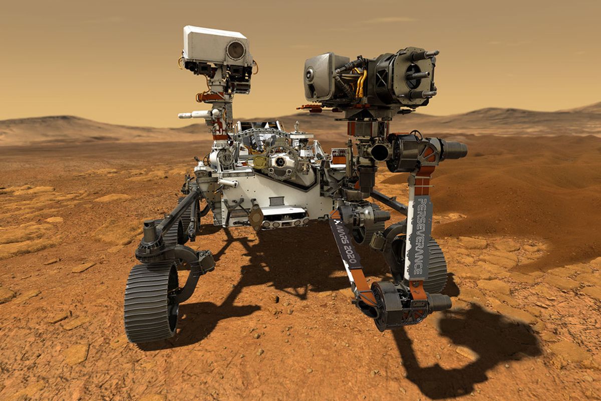 Perseverance, rover cerdas generasi ketiga dalam ilustrasi artistik kala telah mendarat dengan selamat di delta purba kawah Jezero, Mars. 