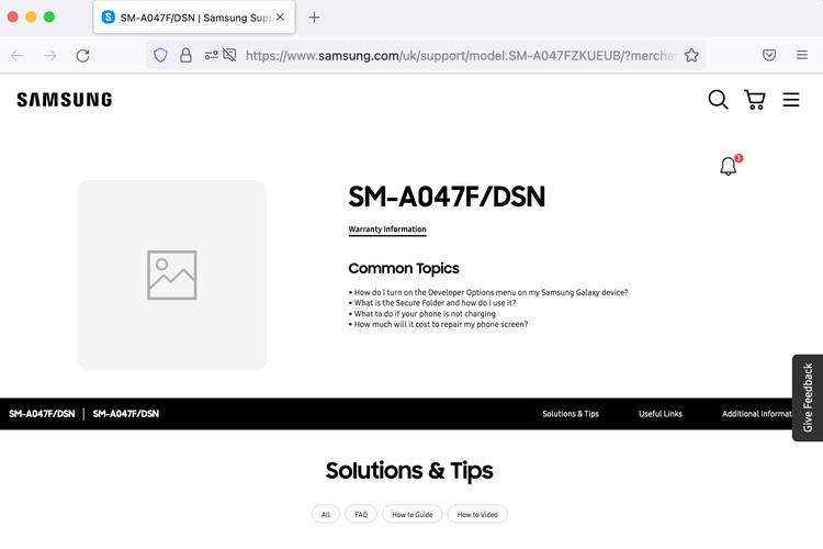 Hasil tangkapan layar nomor model SM-A047F, yang diduga Galaxy A04s, di situs resmi Samsung di Inggris (Sumber: Samsung)