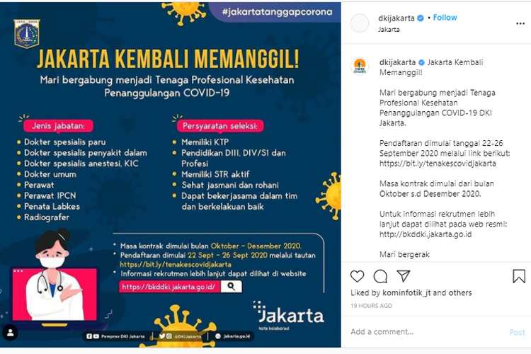 Tangkapan layar rekrutmen Tenaga Profesional Kesehatan Penanggulangan Covid-19 di DKI Jakarta.