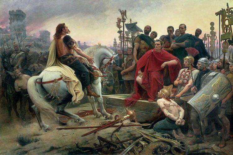 Ilustrasi Vercingetorix melemparkan lengannya ke kaki Julius Caesar, 1899.