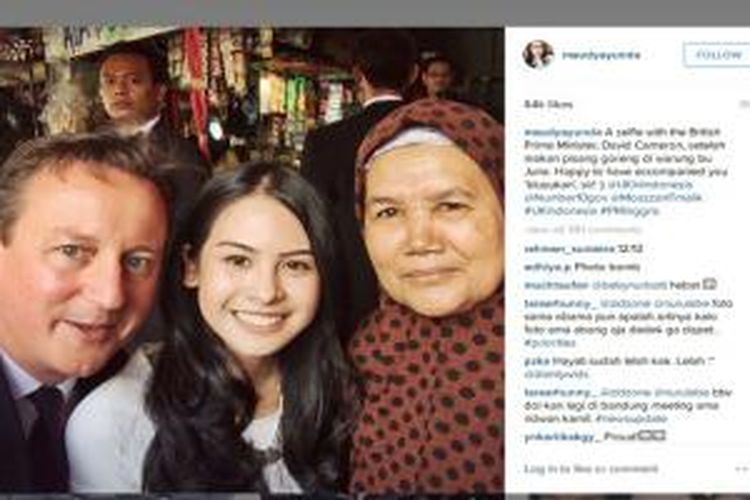 Maudy Ayunda mengunggah foto wefie bersama Perdana Menteri Inggris David Cameron (kiri), dalam akun Instagram miliknya, Selasa (28/7/2015).