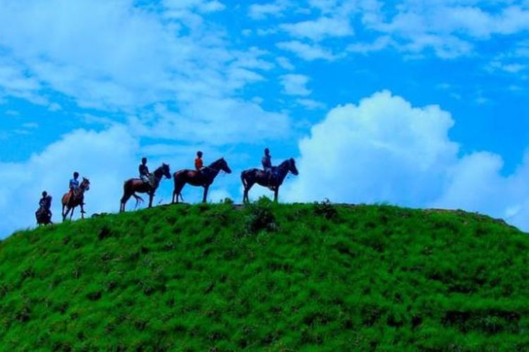 Anak-anak usia sekolah dasar di Sumba, Nusa Tenggara Timur berlatih pacuan kuda di padang sabana.