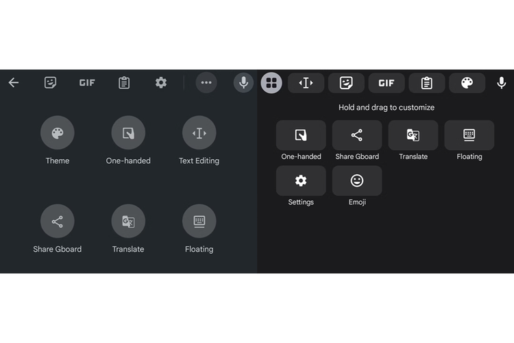 Toolbar Gboard versi lama (kiri) dan versi baru (kanan). Toolbar versi baru dilaporkan dapat dimodifikasi menyesuaikan kebutuhan penggunanya