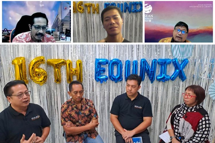 Kiri-kanan: Julyanto Sutandang, CEO PT Equnix Business Solutions; Ahmad Syauqi Ahsan, Kaprodi Sarjana Terapan Teknik Informatika PENS; Lucky Haryadi, CTO PT Equnix Business Solutions; Ratna D (moderator) dalam webinar 16 tahun Wqunix membahas solusi kemandirian TI di Indonesia, Jumat (7/6/2023).