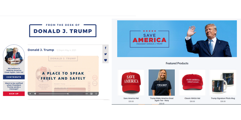 Tangkapan layar situs web baru mantan presiden AS, Donald Trump yang juga memiliki fitur e-commerce untuk berbelanja merchandise.