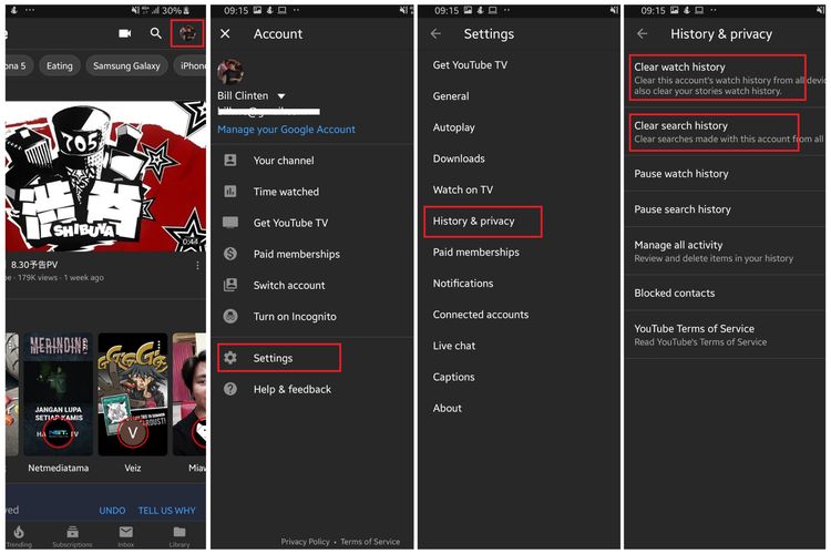 Ilustrasi langkah membersihkan riwayat tontonan di YouTube