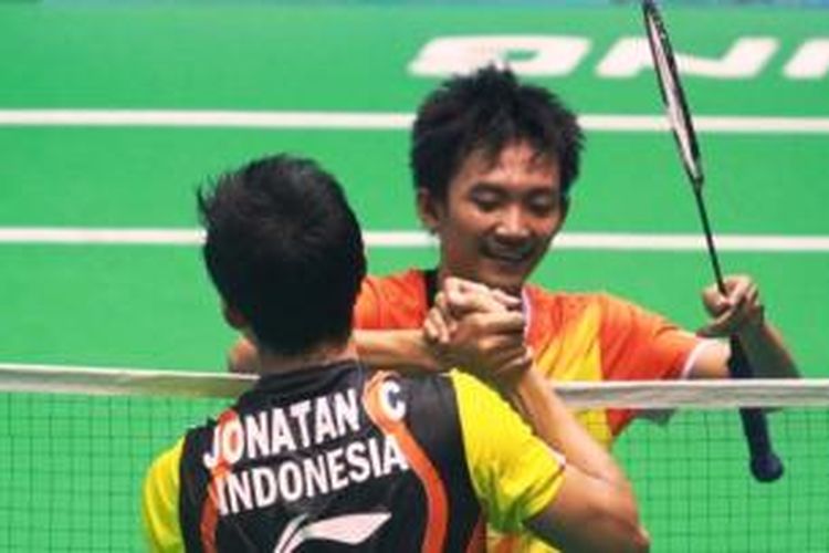 Ihsan maulana Mustofa menyingkirkan Jonatan Christie di perempatfinal Prim-A Kejurnas PBSI, Kamis (28/11/2013).