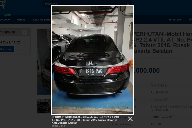 Tangkapan layar laman lelang Honda Accord yang akan diselenggarakan pemerintah di situs lelang.go.id