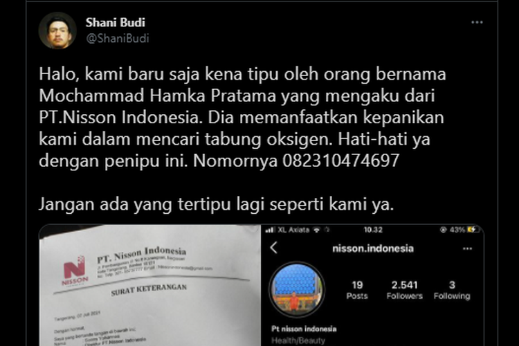 Tangkapan layar twit soal penipuan penjualan tabung oksigen yang mengatasnamakan PT Nisson Indonesia.