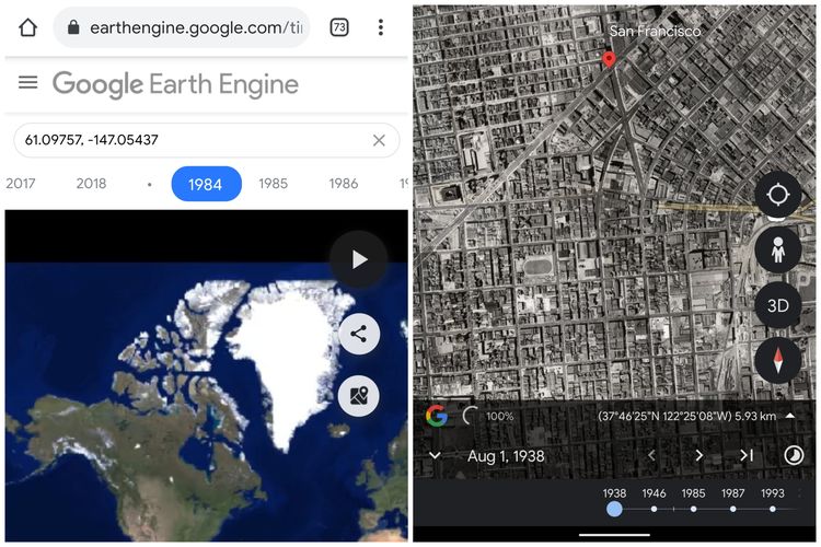 Ilustrasi fitur Timelapse di Google Earth versi web (kiri) dan aplikasi Android (kanan).