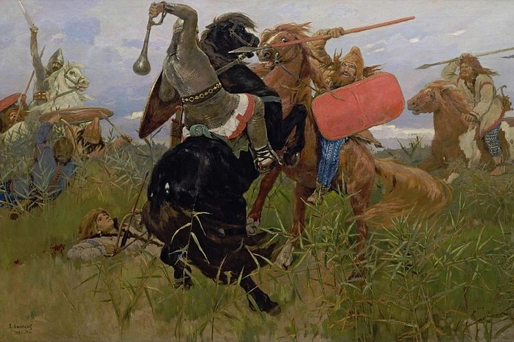 Pertempuran antara bangsa Slavia dan bangsa Skithia. Dilukis oleh Viktor Vasnetsov (1881).