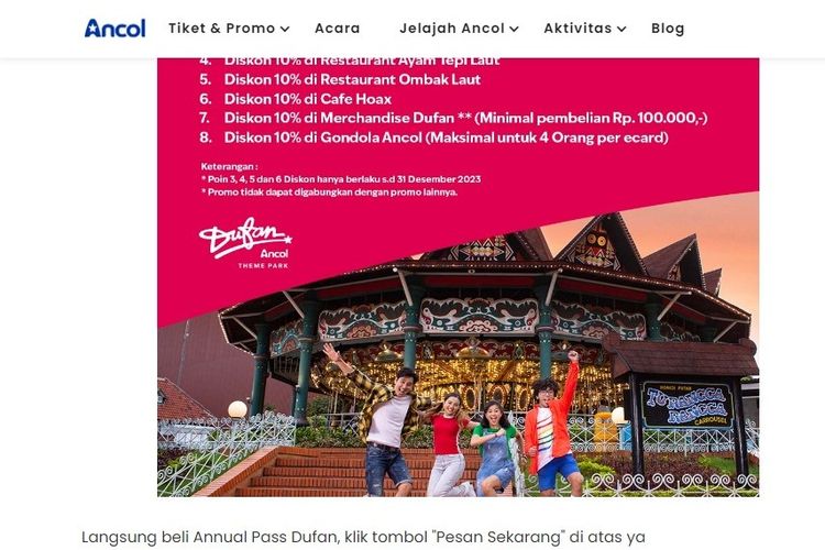 Promo liburan hemat Ancol menggunakan Annual Pass Dufan. Berlaku periode pendaftaran 16-31 Desember 2023.