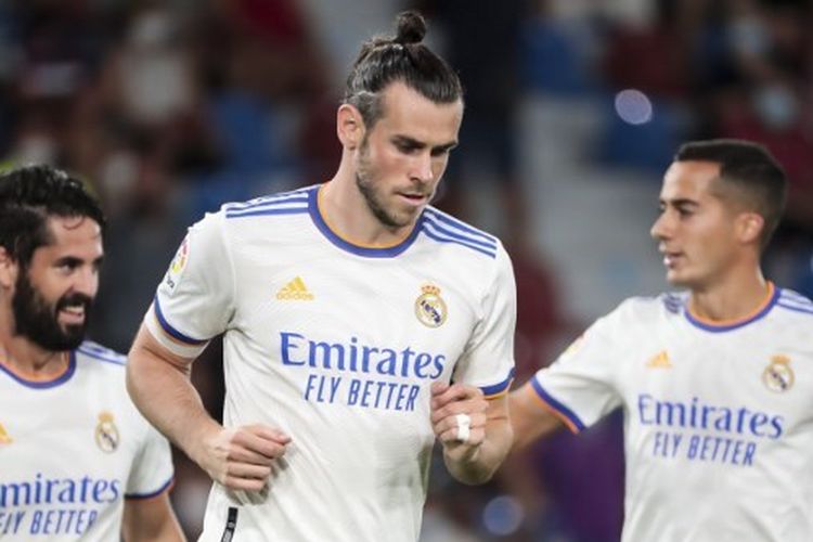 Ekspresi Gareth Bale (tengah) seusai mencetak gol pada laga pekan kedua Liga Spanyol yang mempertemukan Levante vs Valentcia di Estadio Ciudad de Valencia, Senin (23/8/2021) dini hari WIB.