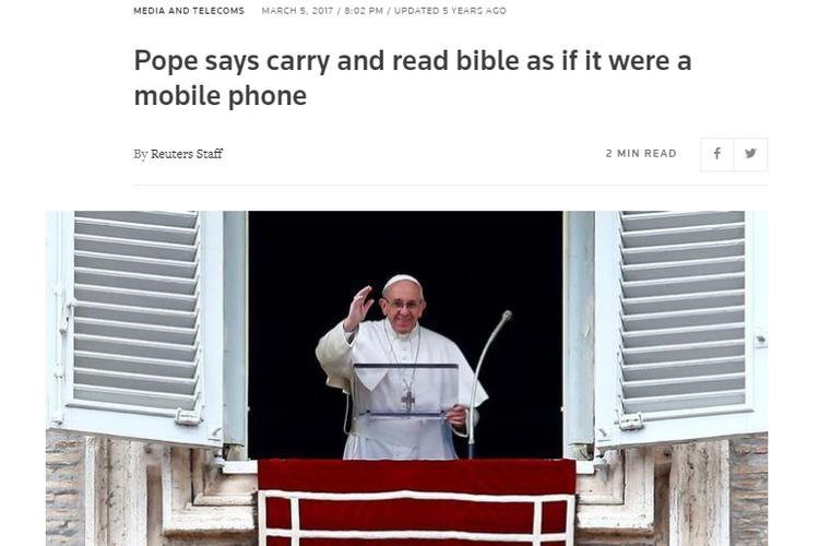 Tangkapan laporan Reuters, pada 5 Maret 2017, soal pendapat Paus Fransiskus tentang ponsel, internet, dan komputer.