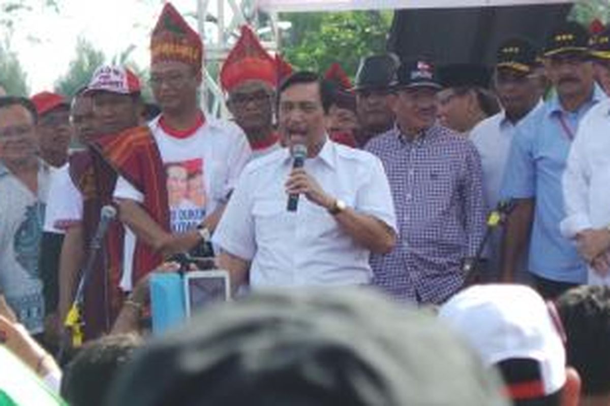 Luhut Panjaitan saat berkampanye mendukung capres Joko Widodo di Lapangan Pacuan Kuda, Jakarta Timur, Minggu (29/6/2014).