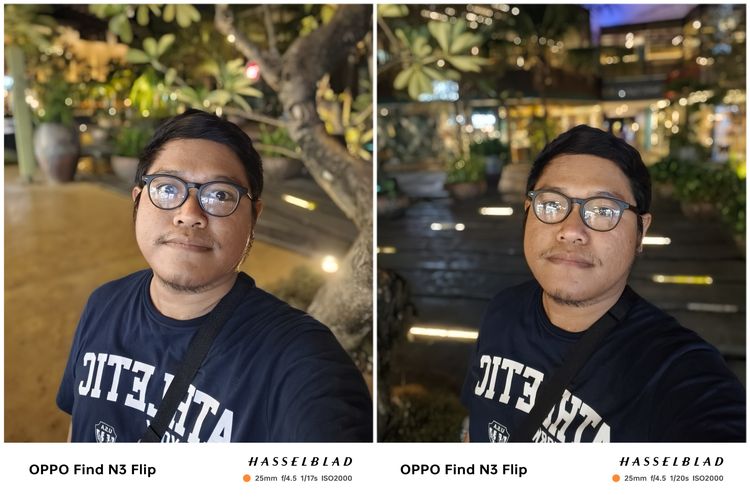 Hasil foto kamera selfie 32 MP (f/2.4) Oppo Find N3 Flip mode Portrait di malam hari. Bisa dilihat, efek buram atau bokeh bisa tampil dengan cukup rapi, dan detail obyek manusia masih bisa terlihat dengan cukup tajam dan detail.