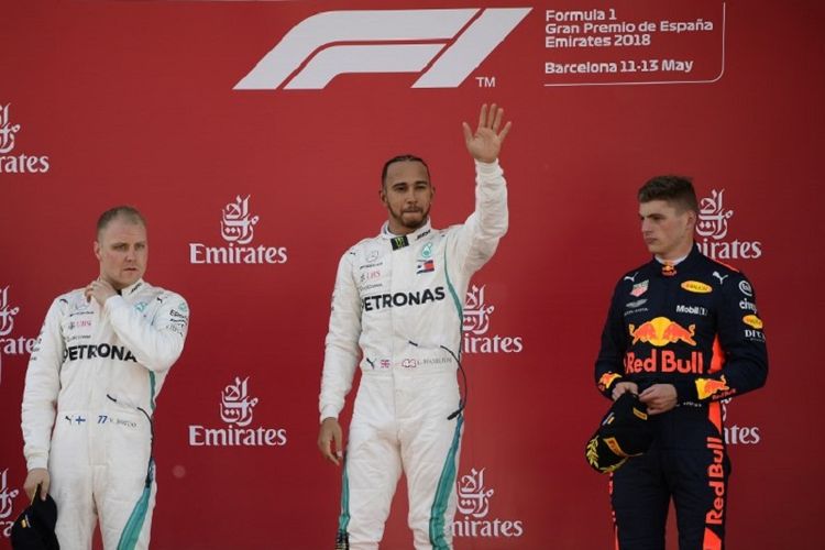 Lewis Hamilton, Valtteri Bottas, dan Max Verstappen jadi tiga pebalap tercepat pada GP Spanyol 2018, 13 Mei 2018. 