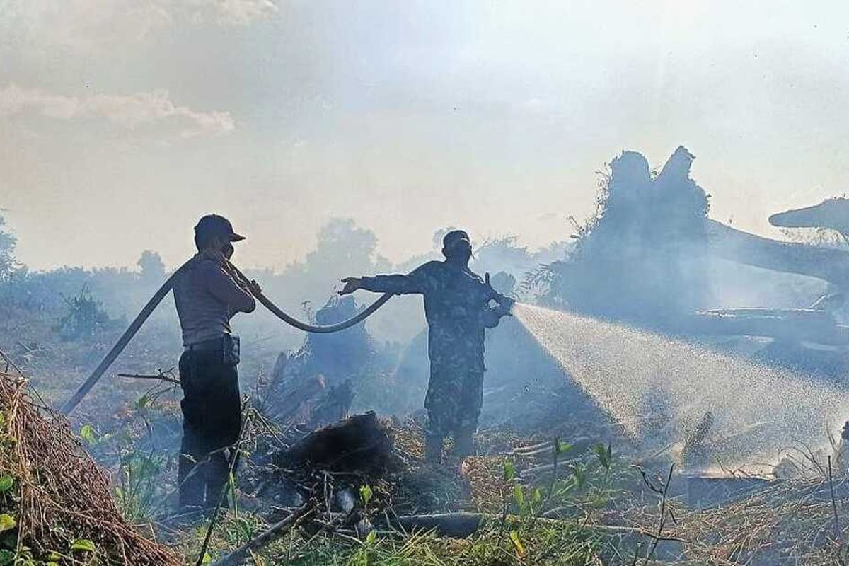 Petugas TNI dan Kepolisian memadamkan api karhutla di Desa Bonai, Kecamatan Bonai Darussalam, Kabupaten Rokan Hulu, Riau, Senin (4/4/2022).