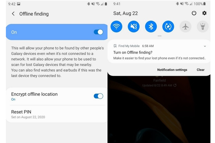 Tangkapan layar fitur offline finding di smartphone Samsung Galaxy.