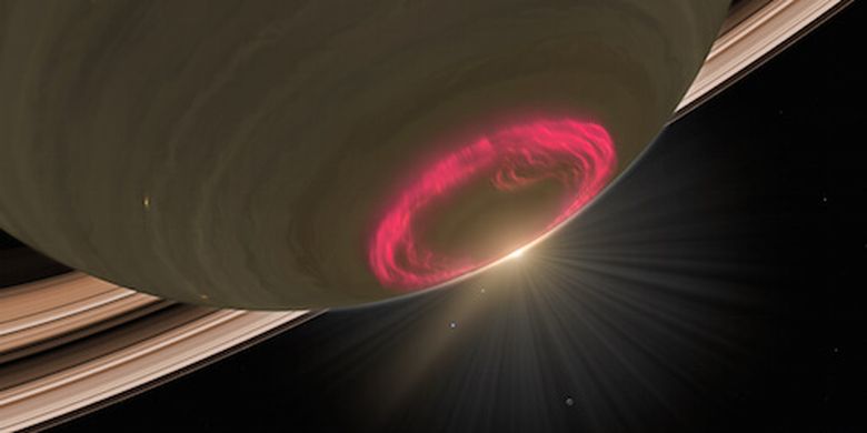 Ilustrasi aurora di kutub selatan Saturnus.