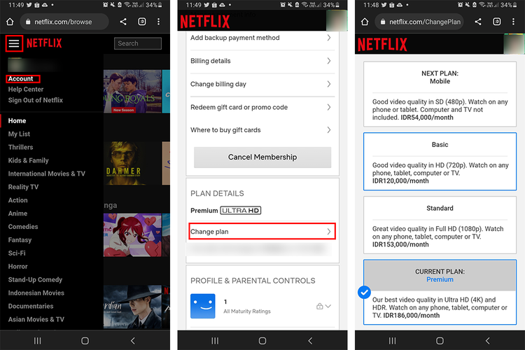 Cara mengganti paket berlangganan Netflix di smartphone (KOMPAS.com/Caroline Saskia Tanoto)