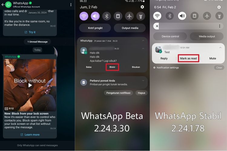 WhatsApp meluncurkan fitur baru Block Shortcut untuk pengguna beta, Jumat (2/2/2024). Fitur ini memudahkan pengguna memblokir chat spam langsung lewat notifikasi, tanpa perlu buka aplikasi WA atau chat.