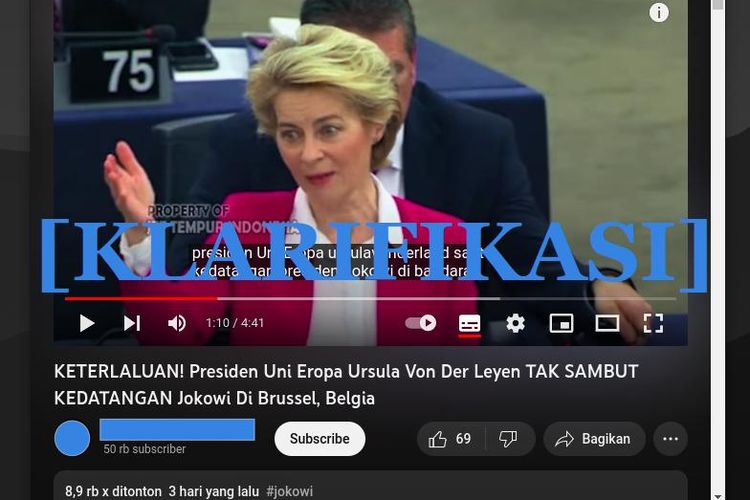 Klarifikasi bahwa Presiden Komisi Eropa Ursula VD Leyen menyambut Presiden RI Jokowi di lokasi acara KTT Peringatan 45 Tahun ASEAN-Uni Eropa di Belgia, Rabu (14/12/2022).