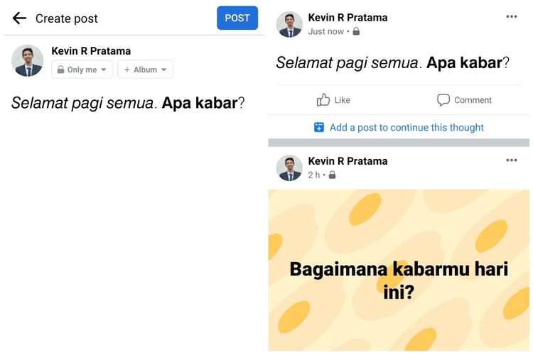 Cara posting status di Facebook dengan  gaya tulisan cetak tebal (bold) dan miring (italic).