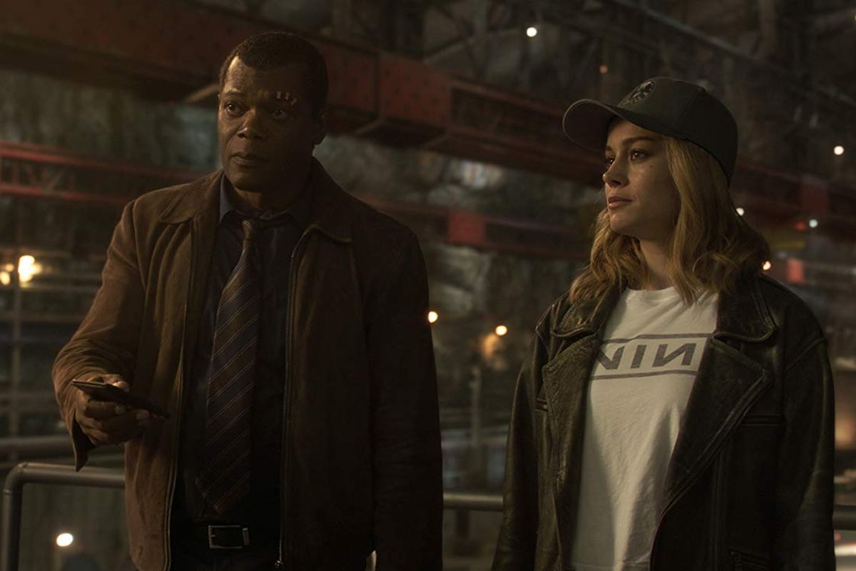 Aktor Samuel L Jackson (Nick Fury) dan Brie Larson (Carol Danvers atau Captain Marvel) dalam film Captain Marvel.