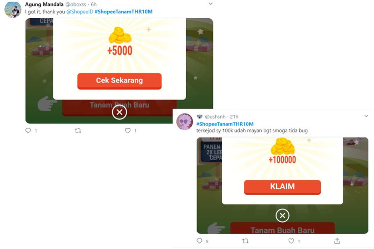 Screen capture akun @oboxss dan @ushsnh yang berhasil mendapatkan koin Shopee.