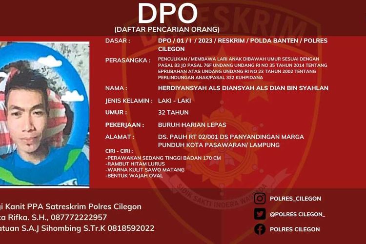 Polres Cilegon telah resmi memasukan pelaku penculikan anak ke dalam daftar pencarian orang (DPO).