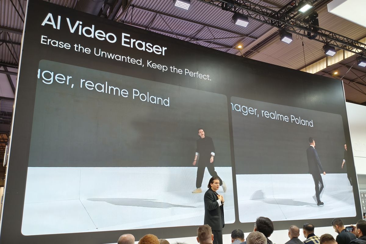 Realme memamerkan fitur AI Video Eraser di MWC 2025 yang dihadiri KompasTekno, Senin (3/3/2025).