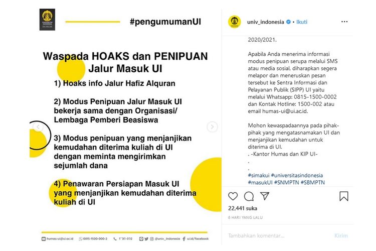 Tangkapan layar dari hoaks dan penipuan jalur masuk Universitas Indonesia (UI).