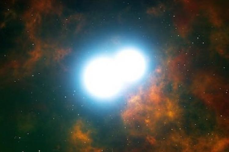 Ilustrasi ini menunjukkan sepasang katai putih (white dwarf) saling mengitari satu sama lain dan perlahan-lahan menjadi semakin dekat. Pada akhirnya nanti pasangan ini akan bergabung menjadi satu bintang yang akan meledak menjadi supernova. Kredit: ESO/L. Calçada.