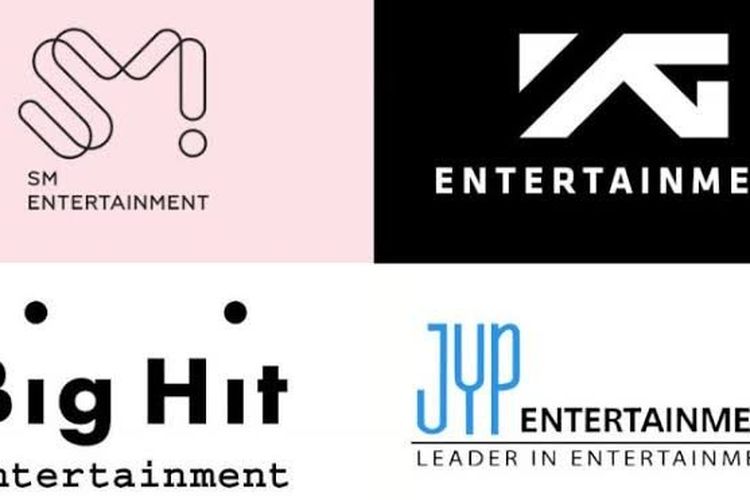Empat agensi hiburan besar Korea Selatan (searah jarum jam) SM Entertainment, YG Entertainment, JYP Entertainment, dan Big Hit Entertainment.