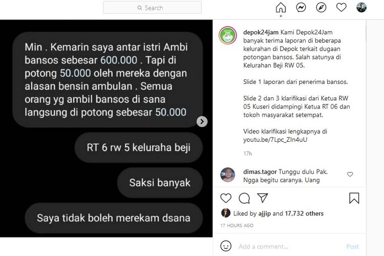 Akun Instagram @Depok24Jam banyak terima laporan di beberapa kelurahan di Depok terkait dugaan potongan bansos. Salah satunya di Kelurahan Beji RW 05.