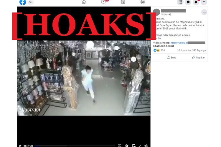 Tangkapan layar unggahan hoaks di sebuah akun Facebook, tentang cuplikan video yang diklaim terjadi saat gempa mengguncang wilayah Bayah, Banten pada 4 Februari 2022.