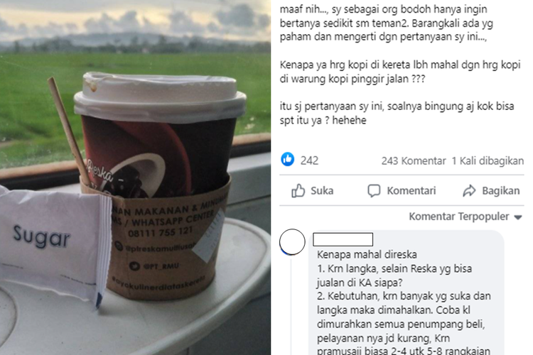 Tangkapan layar unggahan dengan narasi harga kopi di kereta api disebutkan lebih mahal dibandingkan di warung pinggir jalan.