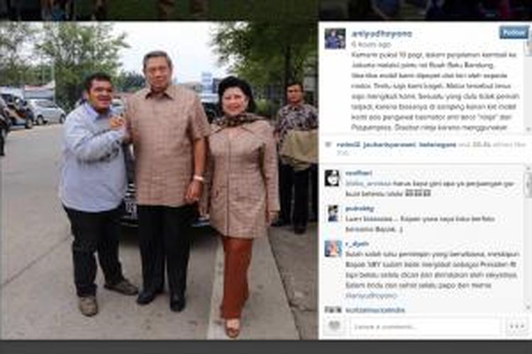 Foto yang diunggah di laman Instagram @aniyudhoyono, Rabu (12/11/2014), ini memperlihatkan mantan Presiden RI Susilo Bambang Yudhoyono beserta istrinya, Ani Yudhoyono, berfoto bersama seorang pria. Dalam keterangan foto tersebut, disebutkan bahwa SBY dan Ani menyempatkan diri berfoto bersama pengendara sepeda motor bernama Timothy sebelum mobil yang mereka tumpangi masuk masuk Tol Padaleunyi, sehari sebelumnya.