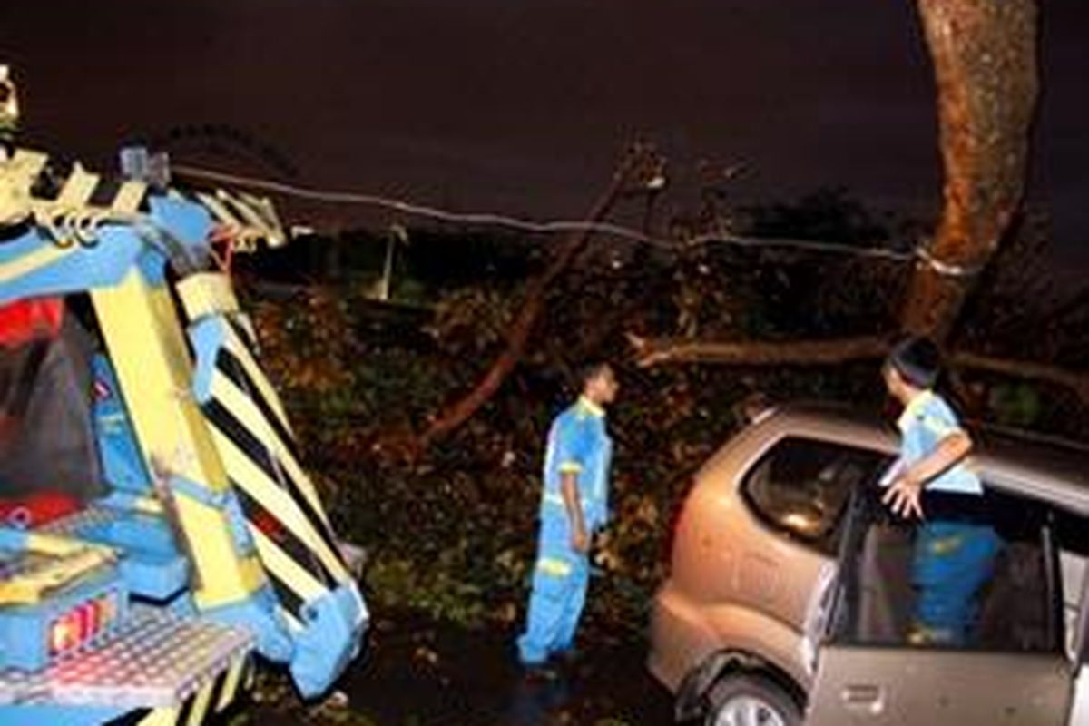 Petugas mobil derek tampak mulai mengangkut pohon tumbang yang menimpa sejumlah mobil di parkir RS Fatmawati, Jakarta Selatan, Jumat (28/11). 