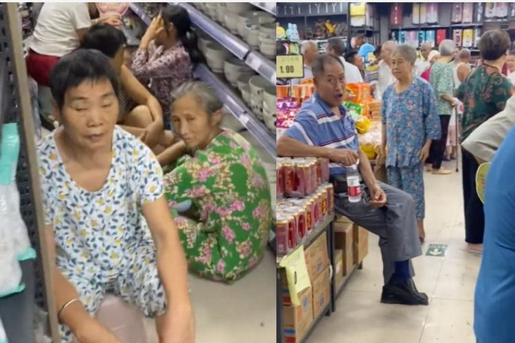 Tangkap layar video sejumlah warga lansia China memenuhi supermarket untuk mengatasi panasnya suhu, ketika negara itu menderita salah satu gelombang panas terburuk yang pernah tercatat di dunia. 