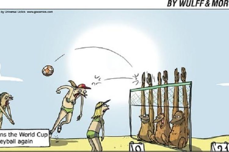 Karikatur yang melecehkan atlet bola voli pantai Indonesia karya WuMo. 