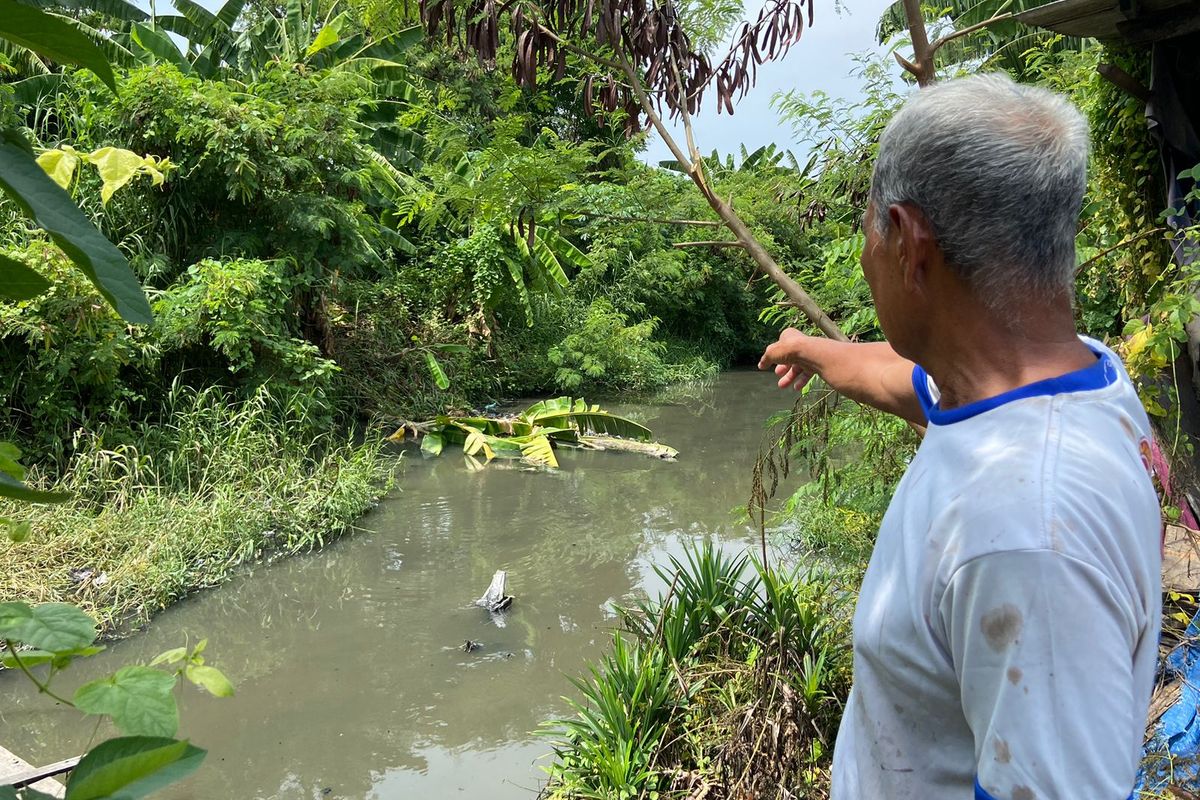Setu (71) saat menunjukkan lokasi kemunculan buaya di Sungai Klurak , Sidoarjo.