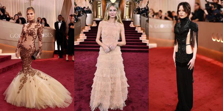 Jennifer Lopez (kiri), Justine Lupe (tengah), dan Jenna Ortega (kanan) di Golden Globes 2026.