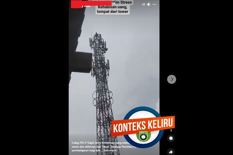 Video yang diklaim menampilkan seorang caleg PDI-P di Jawa Timur terjun dari tower provider karena stres kahabisan uang