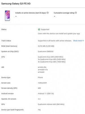 Bocoran listing Google Play Store console yang memuat spesifikasi Samsung Galaxy S21 FE